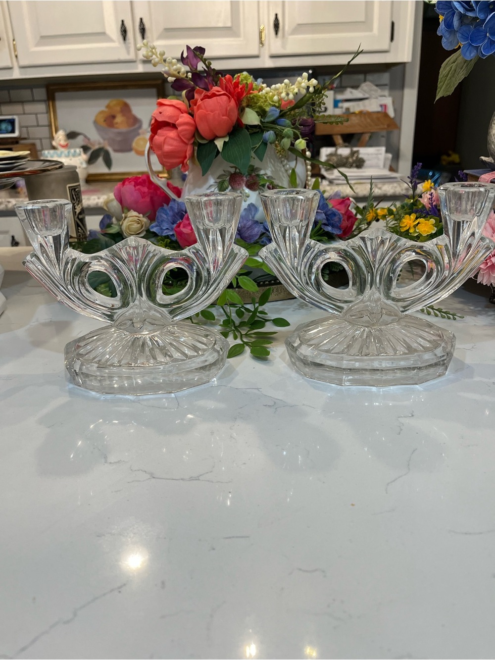 Two Hollywood Regency Clear Glass Double Candle Holders